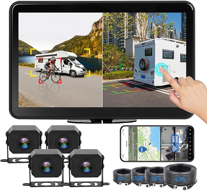 4CH 10.1 inch AI WiFi GPS RV Backup Camera Monitor System with Touch Screen and 4x1080P Waterproof Night Vision Cameras, Blind Spot Detection DVR Video Recorder for Truck Trailer Semi Camper Van Taxi-PawvioPets