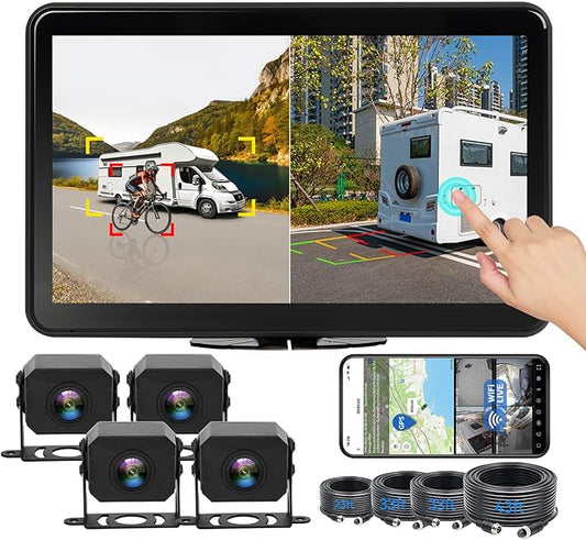 4CH 10.1 inch AI WiFi GPS RV Backup Camera Monitor System with Touch Screen and 4x1080P Waterproof Night Vision Cameras, Blind Spot Detection DVR Video Recorder for Truck Trailer Semi Camper Van Taxi-PawvioPets