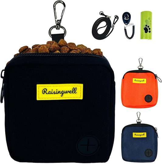 Dog Treat Pouch for Pet Walking and Training with Clicker Poop Bags Small Fanny Zipper Pack Holder for Puppy Snack Dispenser Kit for Leash and Outdoor Use (Black)-PawvioPets