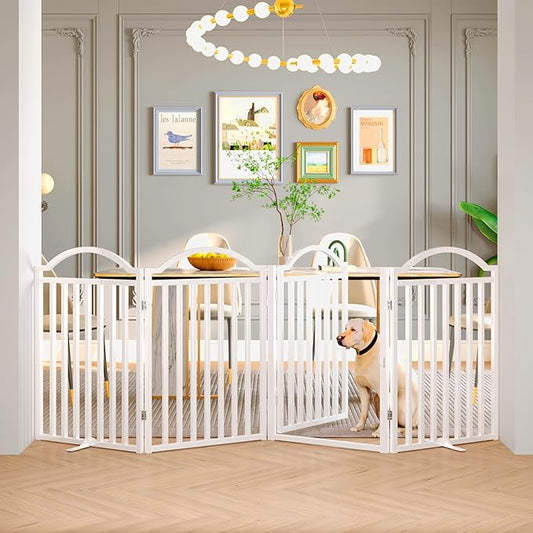 BHG Metal No-Assembly Freestanding Dog Gate with Door Walk Through, Extra Wide 96", Extra Tall 32" Pet Gate, Accordion Puppy Folding Playpen Dog Fence for Indoor & Outdoor, with 2PCS Support - White-PawvioPets