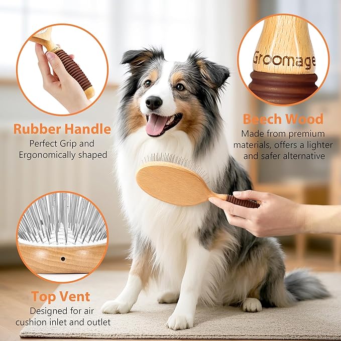 Dog Brush for Long Haired Dogs, 27mm Extra Long Metal Pin Dog Deshedding Brush and Comb Set, Short Haired Shedding Grooming Detail Pets Brush Set with Rubber Handle-PawvioPets