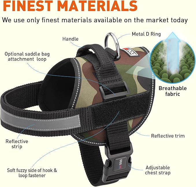 Dogline Dog Harness, Reflective No-Pull Adjustable Vest with Handle, Breathable No-Choke Harness for Small, Medium or Large Dogs Room for Patches Girth 27 to 34 in Green Camo-PawvioPets