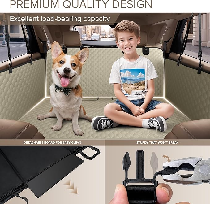 Back Seat Extender for Dogs, Heavy Duty Dog Car Seat Cover for Back Seat and Aggressive Chewer, Large Hard Bottom Car Seat Cover for Dogs, Dog Hammock for Car, Travel Pet Car Bed for Car, SUV, Truck-PawvioPets