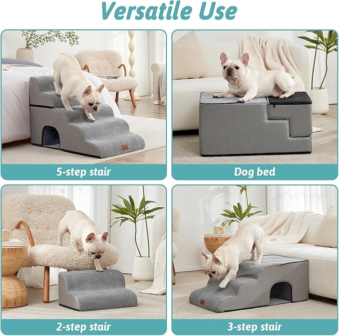 Extra Wide Dog Stairs with Tunnel, Detachable Large Pet Step for Small Medium Dog, Puppy or Cat, Ramp for High Bed, Couch, Sofa or Car, Stable, 19.7x33x22.4 inch, 5 Step, Grey-PawvioPets