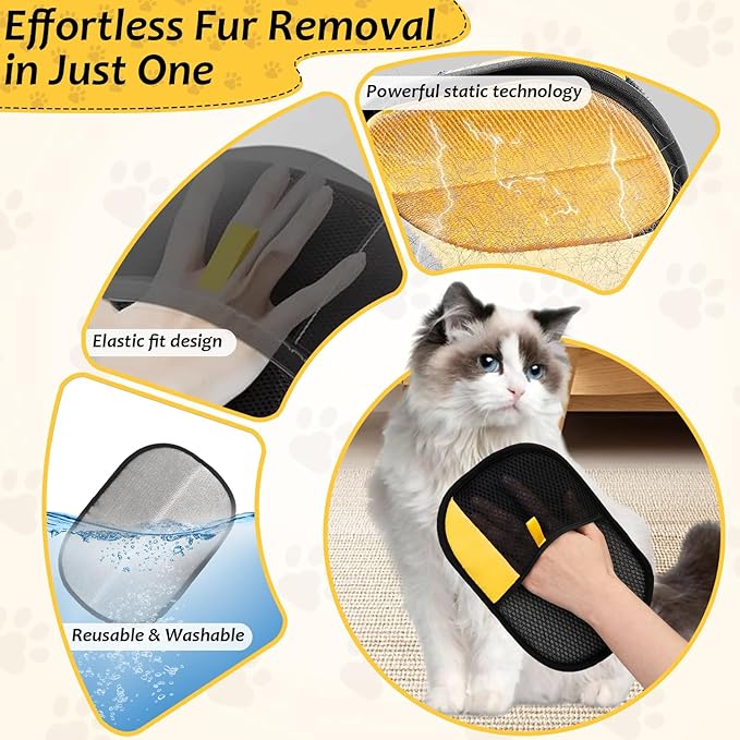 3 Pcs Pet Hair Removal Glove Set, Reusable Electrostatic Pet Hair Remover with Hair Remover Brush and Pet Comb, Upgrade Efficient Cats&Dogs Grooming Gloves for Clothes Furniture Carpet Seat-PawvioPets