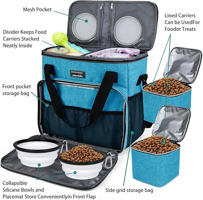 BAGLHER Dog Travel Bag, Pet Travel Bag (ALL Pet Travel Supplies), With 2 Pet Food Containers and 2 Collapsible Silicone Bowls; Essential Kits for Pet Travel Sky Blue-PawvioPets