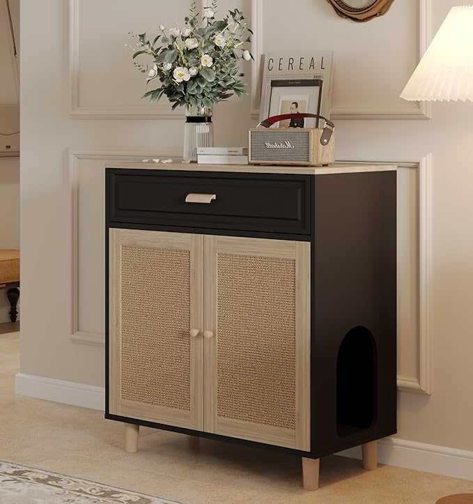 Cat Litter Box Enclosure Furniture Hidden Indoor 2-in-1 Wooden Cat House & Washroom Cabinet with Scratching Board Doors and Drawer, 31.5"x15.7"x34.6"H - Black-PawvioPets