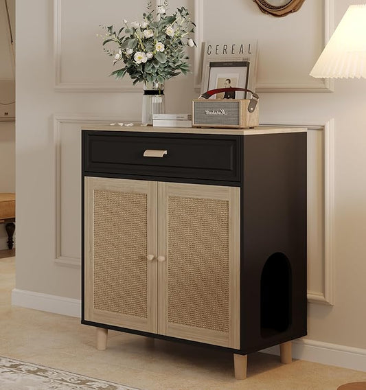 Cat Litter Box Enclosure Furniture Hidden Indoor 2-in-1 Wooden Cat House & Washroom Cabinet with Scratching Board Doors and Drawer, 31.5"x15.7"x34.6"H - Black-PawvioPets