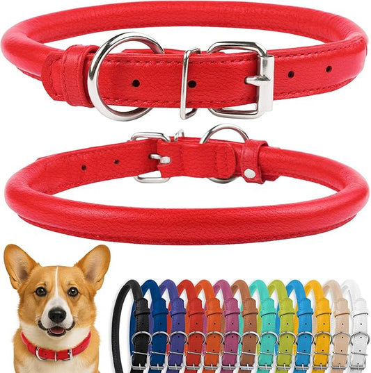 CollarDirect Rolled Leather Dog Collar, Soft Padded Round Puppy Collar, Handmade Genuine Leather Collar Dog Small Large Cat Collars 13 Colors (13-16 Inch, Red Textured)-PawvioPets
