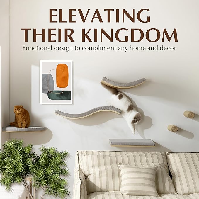 Extra Large 23.6”×14.6” CALLICO HAVEN- Stylish Cat Wall Shelves with Curved Design, Modern Wall-Mounted Cat Tree Hammock with Soft Cushion, Sturdy/Hidden Mounts, Washable Cover, Sleek Design -C Shape-PawvioPets