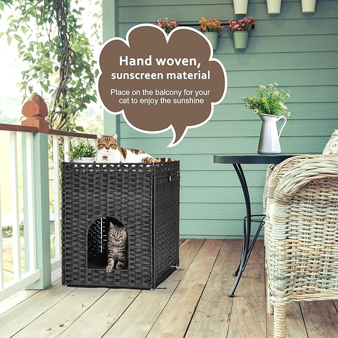 Cat Litter Box Enclosure with Soft Litter Mat; Hidden Cat Washroom Furniture with Door; Handwoven Rattan Cat House with Large Space; Pet Crate for Living Room, Bedroom, Balcony (Black)-PawvioPets