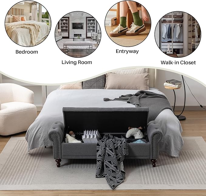 58.1'' Storage Bench Upholstered Linen End of Bedroom Bed Bench Ottoman with Tufted Cushioned Rolled Arm Large Storage Space for Reading Living Room Entryway, Grey-PawvioPets