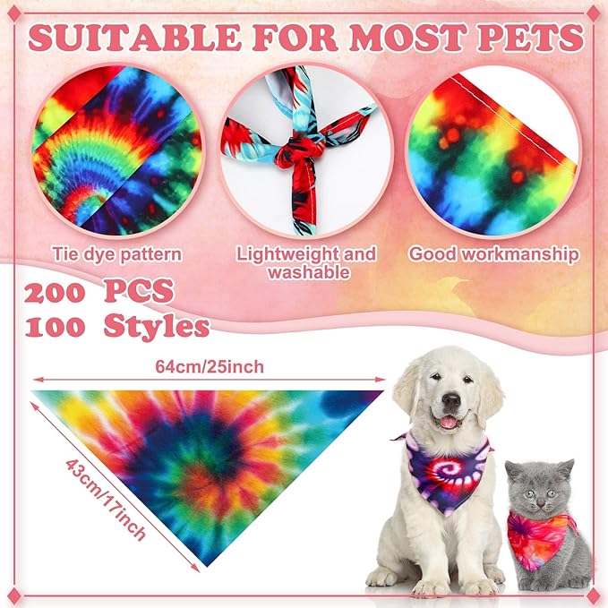 200 Pcs Dog Bandanas Bulk Pet Bibs Colorful Triangle Scarf Pet Bandanas for Medium Large Dogs Spring Summer Birthday Costume Decoration (Tie Dye)-PawvioPets