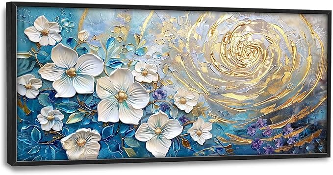 Flower Large Wall Art White Floral Pictures Abstract Golden Spiral Texture Wall Decor Canvas Print Painting Artwork for Bathroom Living Room Bedroom 60L" x 30W"-PawvioPets