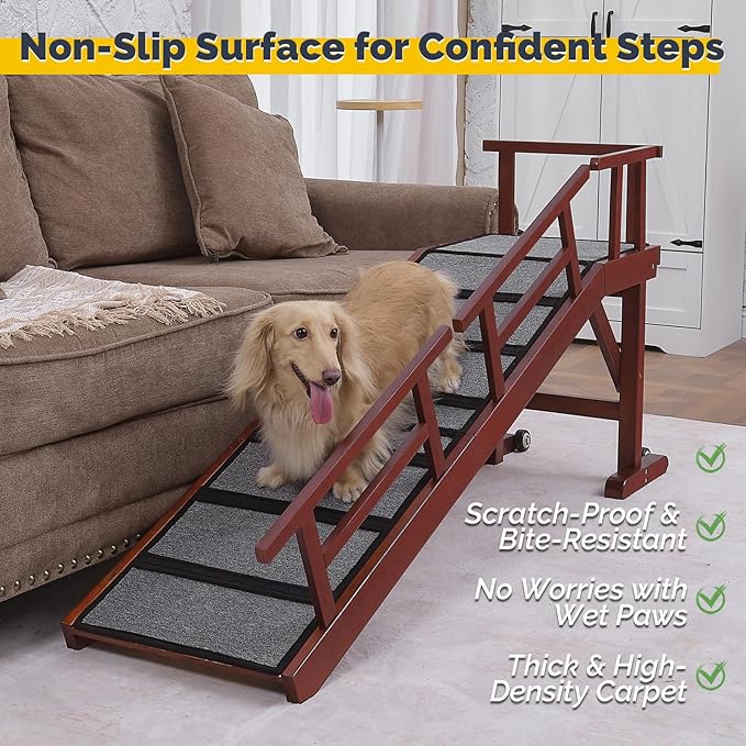 Dog Ramp for Bed or Couch, Wooden Pet Ramp with 20° Gentle Slope, Removable Side Rails, Non-Slip Surface, Top Platform & Wheels, Safe Bed Ramp for Small, Medium & Senior Dogs, 60" Long, Mahogany-PawvioPets