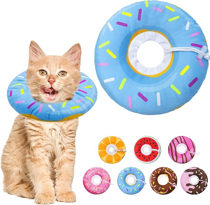 Cat Cone Collar Soft, Adjustable Cat Recovery Collar Spay Cones to Stop Licking, Cute Donut E Collar After Surgery, Anti-Lick Wound Healing Elizabethan Collars for Kittens(Donut Blue, Small)-PawvioPets