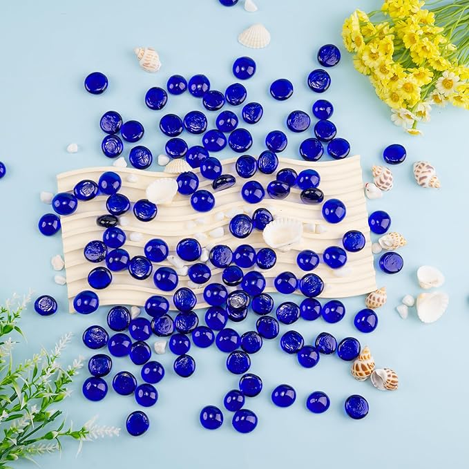 Blue Glass Marbles, 0.97 LB Transparent and Smooth Flat Glass Beads for Vases, Mosaic Gem Pebbles for Aquarium Decor, Floral Arrangements, Mancala Stones, Vase Filler and Crafts (Approx. 80-100 PCS)-PawvioPets