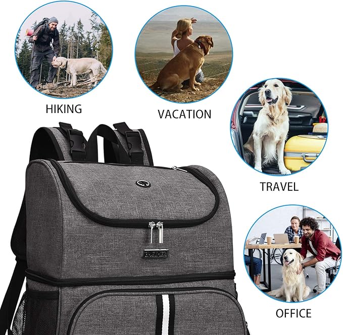 BAGLHER Pet Travel Bag, Double-Layer Pet Supplies Backpack (for All Pet Travel Supplies), Pet Travel Backpack with 2 Silicone Collapsible Bowls and 2 Food Baskets Grey-PawvioPets