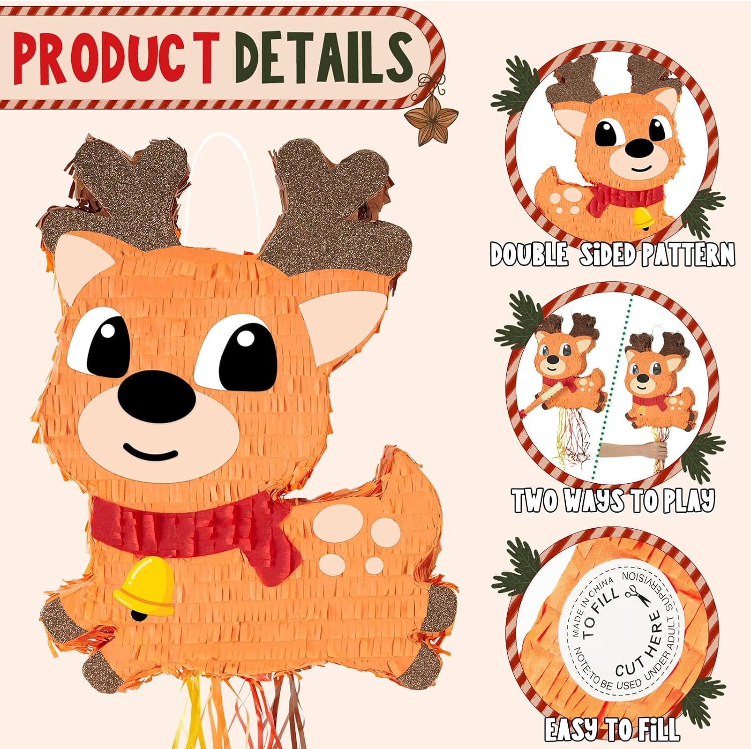 WERNNSAI Christmas Reindeer Pinata - Christmas Elk Decorations Xmas Reindeer Party Games for Kids Merry Xmas Decorations Indoor Outdoor Festival Carnival Party Supply Xmas Pinata with Blindfold Bat