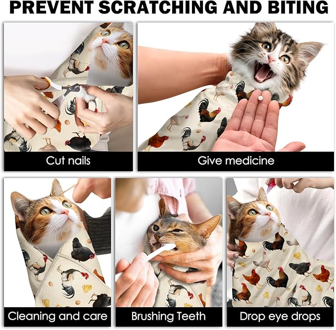 27.6"Cat Grooming Wrap, Self Adhesive Cat Wrap for Cutting Nails, Anti-Escape Calming Cat Swaddle Wrap for Medicine Ear Cleaning, Chicken Anti-Scratch Cats Burrito Restraint Blanket,Practical Pet Tool-PawvioPets