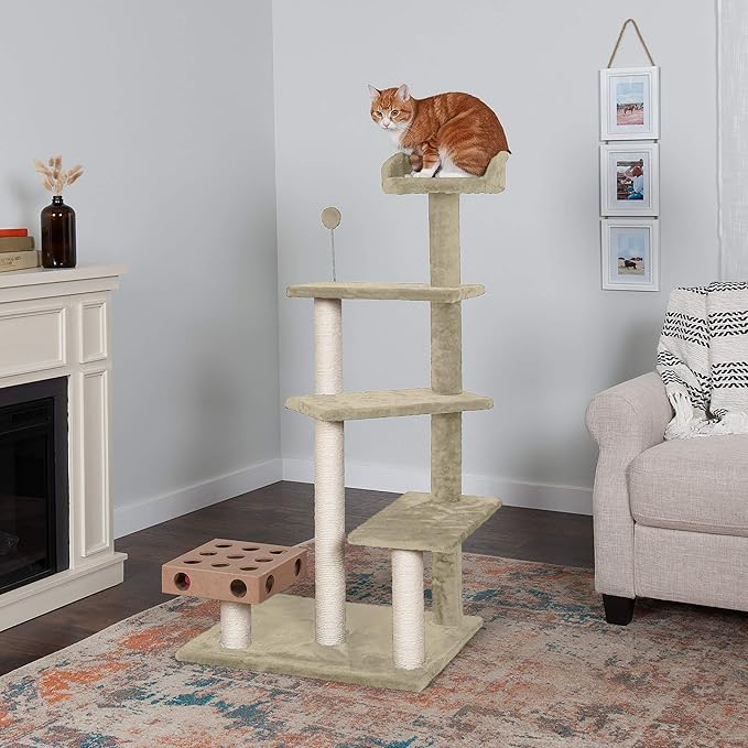 Furhaven 49.5" Tall Cat Tree for Indoor Cats, Ft. Sisal Scratching Posts, Plush Ball Toy, & Busy Box Toy - Tiger Tough Play Stairs Interactive Playground Tower - Cream, One Size-PawvioPets