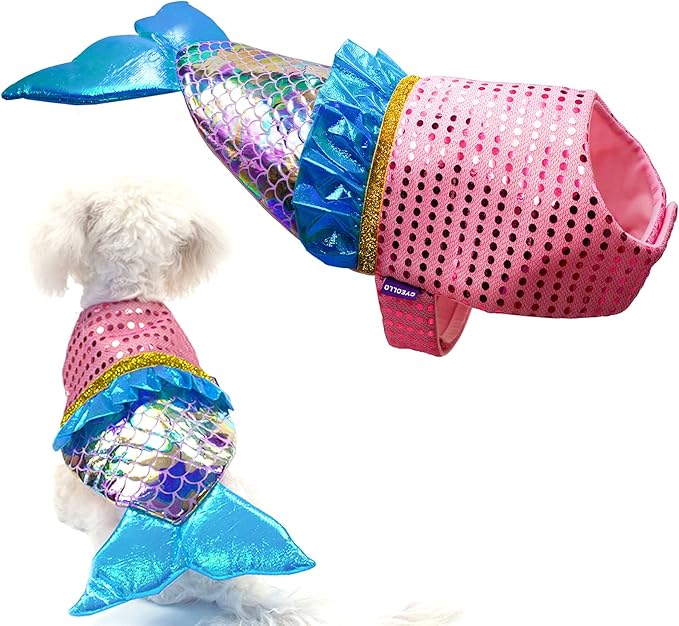 cyeollo Mermaid Dog Halloween Costumes Cute Dog Costume Sequin Birthday Party Pet Clothes Outfit Dressing Up Pet Costumes for Medium Dogs Size L-PawvioPets