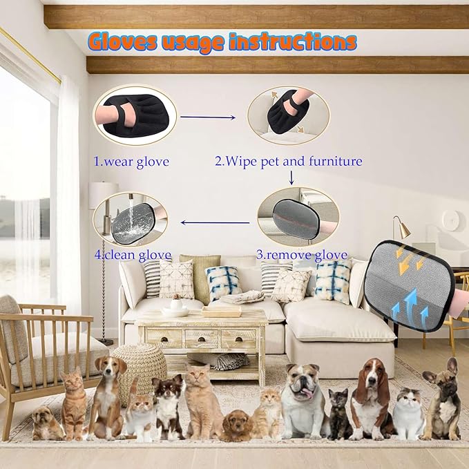 Blue Pet Hair Removal Gloves for Dogs,Pet Hair Collector Keychain,Five-Finger Cat Grooming Gloves ,Reusable Electrostatic Pet Hair Removal Tool for Furniture,Car,Couch,Carpet,Essential Pet Supplies-PawvioPets