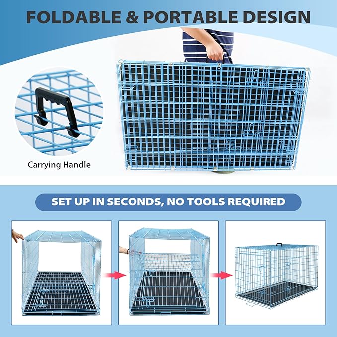 BestPet | Dog Crate | 42" | Blue | Foldable Metal Kennel with Double Doors, Secure Slide-Bolt Latches, Leakproof Tray | Portable Dog Cage for Large Breeds | for Travel, Indoor & Outdoor Use-PawvioPets