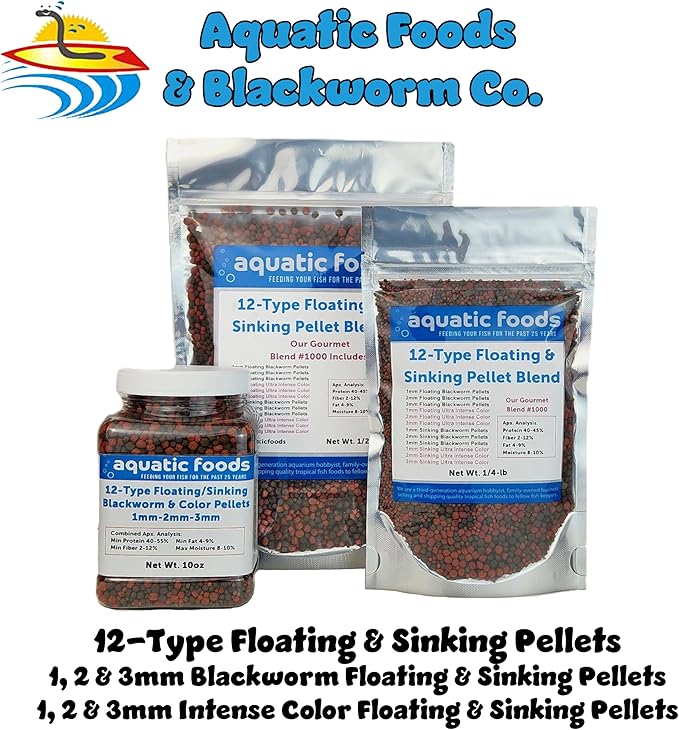 Aquatic Foods Inc. 12-Type Ultra Mix of 1mm, 2mm, 3mm Floating & Sinking California Blackworm and Intense Coloring Pellets for All Tropical Fish & Pond Fish...1/4-lb Bag-PawvioPets