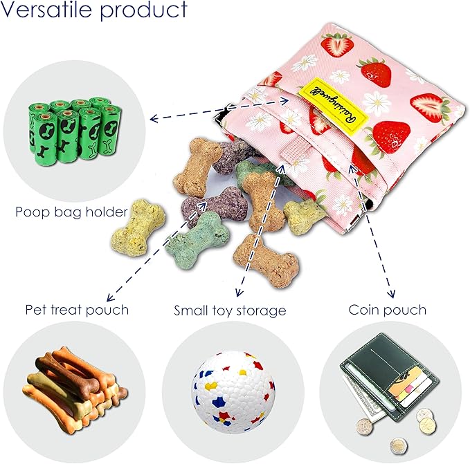 Dog Treat Pouch,Cotton Pocket Sized Training Holder, Hand Free Walking Funny Bag with Carabiner, Self-Closing Pet Feed Snack Reward, Behavior Aids for Puppy Travel or Outdoor Use（Strawberry）-PawvioPets