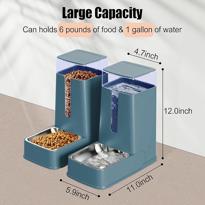 Automatic Cat Feeder and Cat Water Dispenser Set with Stainless Steel Bowls Gravity Dog Feeder for Small Medium Big Dog Pets Puppy Kitten, 3.8L x 2 (Cyan)-PawvioPets