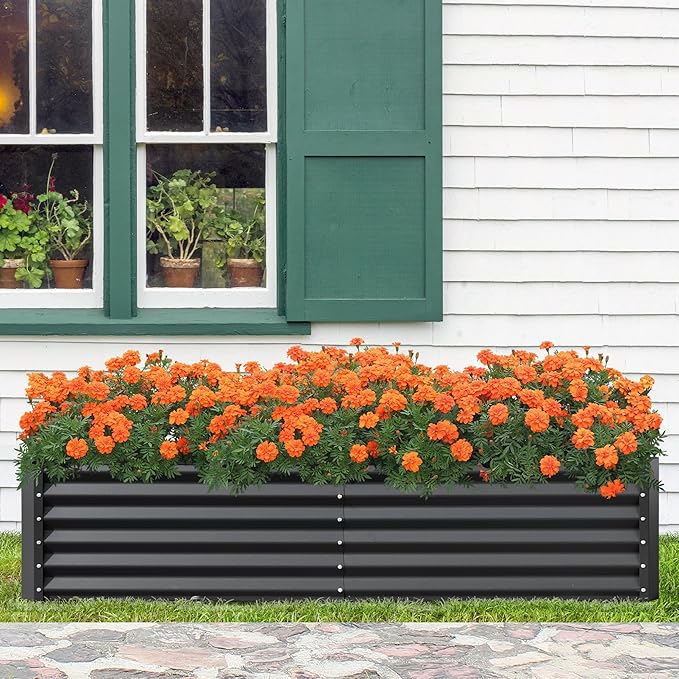 Domi Raised Garden Beds Outdoor, 8x4x1.5Ft Thickening Tall Metal Rectangular Deep Root Box Planter for Vegetables, Flowers, Herbs, and Succulents 1.5" Deep w/ 342 Gallon Capacity - Dark Gray-PawvioPets
