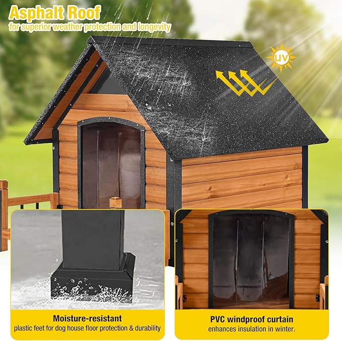 AIVITUVIN Dog House Outdoor Anti-Bite Metal Frame Design Wooden Dog Kennel Outside with Elevated Floor Weatherproof (Brown, 45" D x 32.9" W x 32.6" H)-PawvioPets