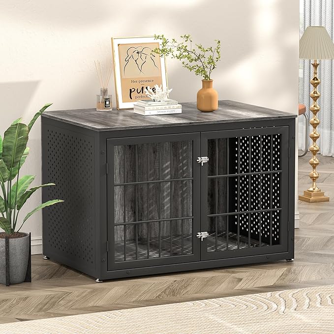 48" Heavy Duty Dog Crate Furniture for Extra Large Dogs, Metal Cage for High Anxiety Dogs, Wooden Kennel Furniture Indoor, Decorative Dog Kennel End Table, XL-PawvioPets