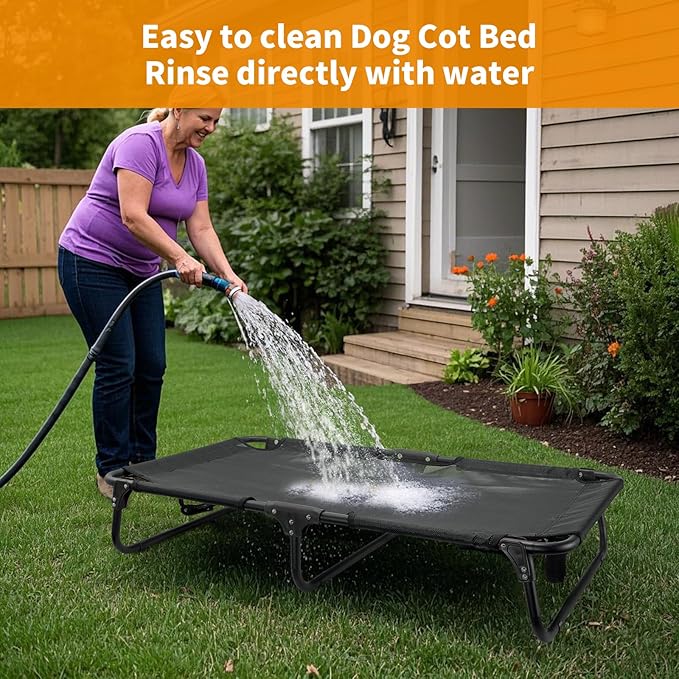 Elevated Dog Bed Large Sized Dog Cots Beds for Large Dogs Foldable Raised Dogs Beds Outdoor Cooling Chew-Proof, No Assembly Need, Black-PawvioPets