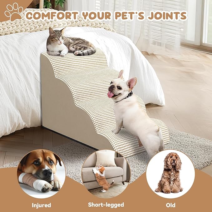 Dog Ramp and Stair for Bed 16" H-20 H,3-Step Cat Stair for Sofa and Chair,4-Step Dog Ramp for High Bed and Window,Durable Nonslip Fabric Cover for Indoor (Beige-20 H, Pet Friendly, 4)-PawvioPets