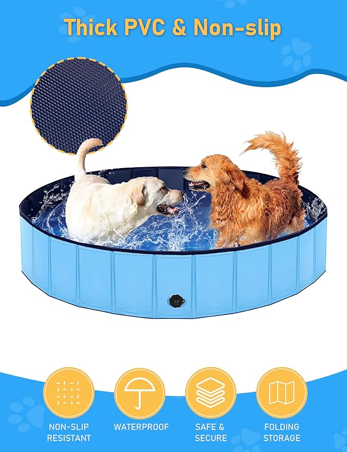 Foldable Dog Pool, Lexda Hard Plastic Shell Pet Swimming Pools for Large Dogs, Collapsible Plastic Pet Pool, Portable Bathing Tub for Dogs (79x12inch)-PawvioPets