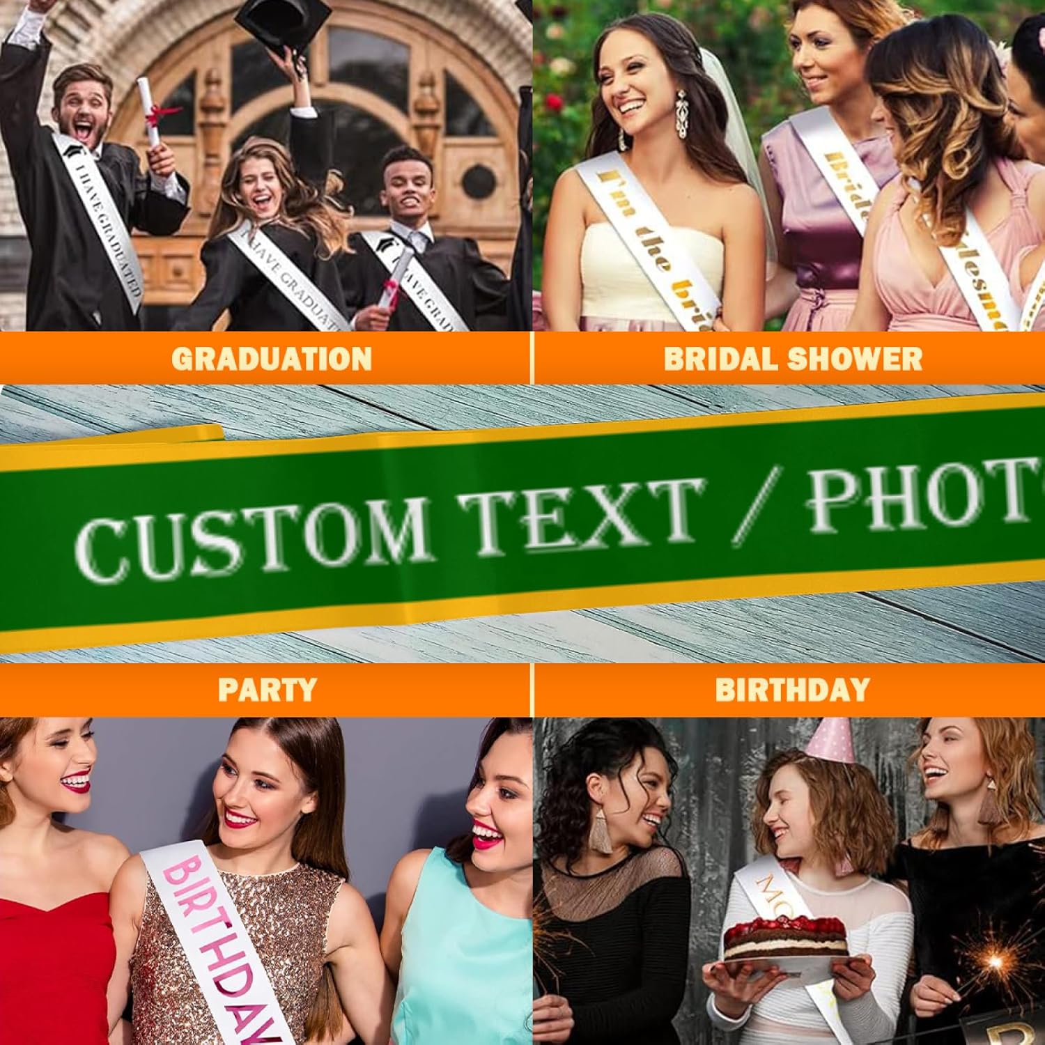 Custom Sash,Personalized Birthday Sash with Text Photo,Customized Bachelorette Sash Quote Sash Bride to Be Sash Color Optional (With decorative edge, Green)