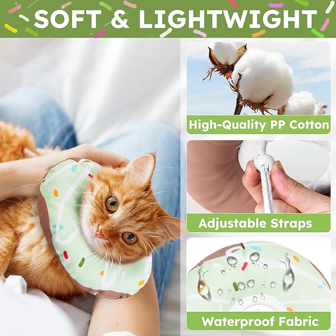 Cat Cone Collar Soft, Waterproof Cat Recovery Collars Spay Cones to Stop Licking Cute Donut E Collar After Surgery Anti-Lick Wound Healing Safety Elizabethan Collar for Kittens (Donut Green, Small)-PawvioPets