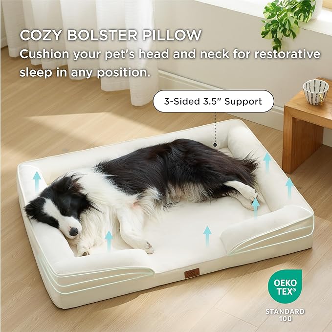 Bedsure Orthopedic Dog Beds Large Sized Dog - Washable Large Dog Cat Bed Waterproof, Comfort Dogs Couch Sofa with Washable Removable Cover, Pet Bed with Nonskid Bottom, Ivory, 35"-PawvioPets