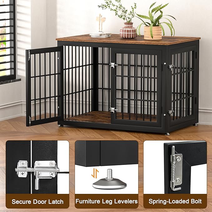 38 Inch Heavy Duty Dog Crate Furniture for Large and Medium Dogs, Decorative Pet House End Table, Wooden Cage Kennel Furniture Indoor, Rustic Brown-PawvioPets