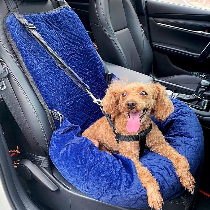 Dog Car Seat for Small Medium Dogs Up to 40lbs, Detachable Washable Soft Pet Booster Travel Bed for Front & Blue Seat with Safety Leash Belt-PawvioPets