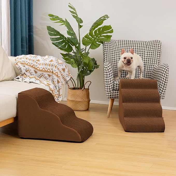 4-Step Dog Stairs and Ramp for Beds or Couches – Non-Slip Sturdy Pet Steps for Small Dogs and Cats,17.4" H,Brown-PawvioPets