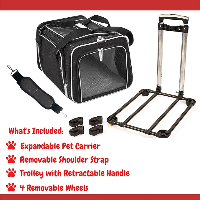 Airline Approved Expandable Premium Pet Carrier on Wheels- Two Sided Rolling Carrier- Designed for Dogs & Cats- Extra Spacious Soft Lined Carrier! (Black) (RL-PET-CARRIER-WHEELS)-PawvioPets