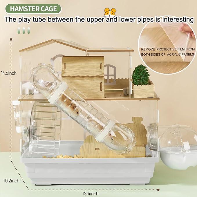 12 in 1 Clear Acrylic Hamster Cage with All Accessories,13.5''L* 10''W* 15''H Dwarf Hamster Cage,Magnetic Connection Small Hamster Enclosure,Garden Style Wooden Mouse Cage for Pet Mice(2-Layer,White)-PawvioPets