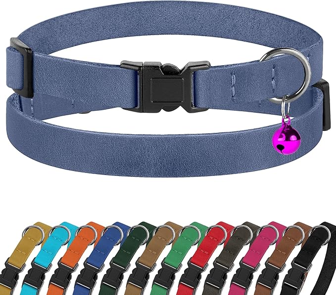 Breakaway Cat Collar Leather with Removable Bell - 13 Colors Available - Soft Adjustable Girl Boy Safety Lightweight Pet Kitten Collars Pink Brown Blue Green Red Orange Black (Denim)-PawvioPets
