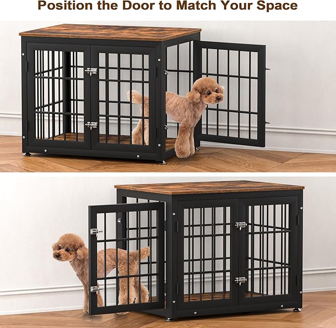 32 Inch Heavy Duty Dog Crate Furniture for Medium and Small Dogs, Decorative Pet House End Table, Wooden Cage Kennel Furniture Indoor, Rustic Brown-PawvioPets