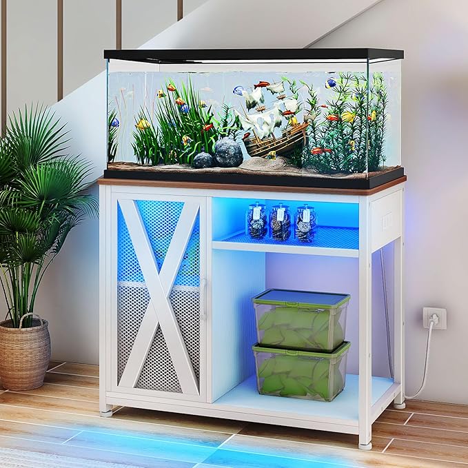 DWVO 40-50 Gallon Aquarium Stand with Power Outlets & LED Light, Cabinet for Fish Tank Accessories Storage - Metal Fish Tank Stand Suitable for Turtle Tank, Reptile Terrarium, 660LBS Capacity, White-PawvioPets