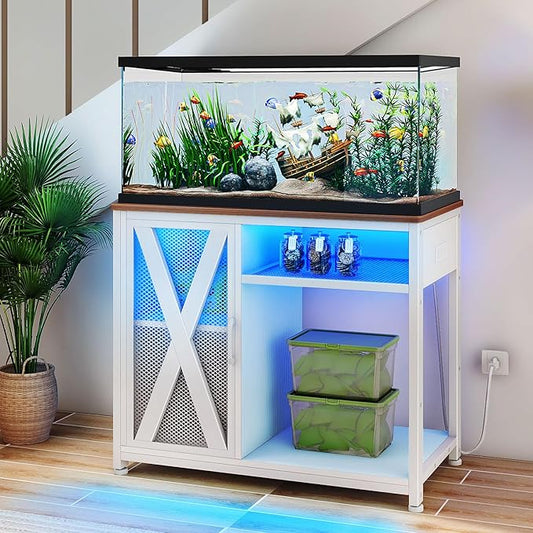 DWVO 40-50 Gallon Aquarium Stand with Power Outlets & LED Light, Cabinet for Fish Tank Accessories Storage - Metal Fish Tank Stand Suitable for Turtle Tank, Reptile Terrarium, 660LBS Capacity, White-PawvioPets