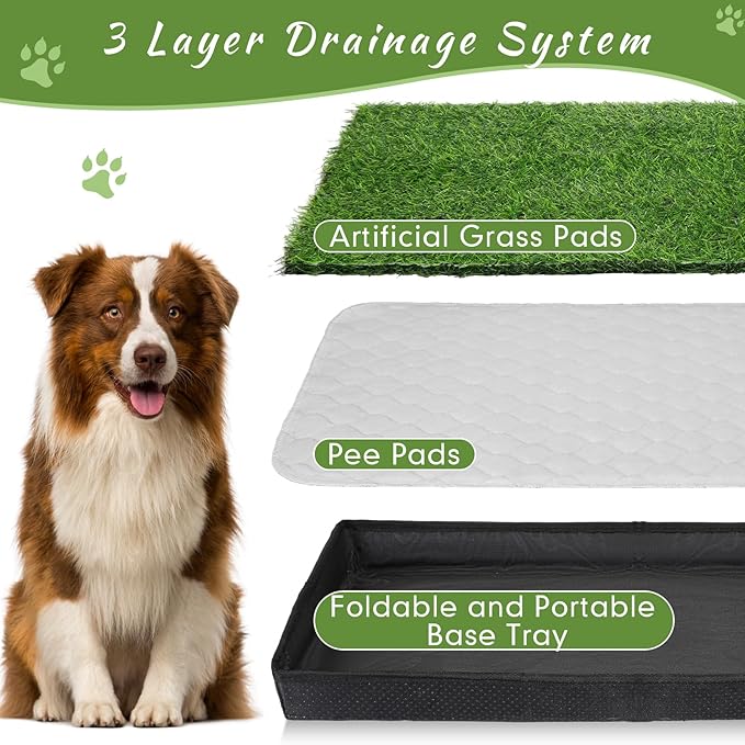 35'' x 22.6'' Dog Grass Pad Large Patch Potty with 2 Artificial Dog Grass Washable Puppy Pee Pad Foldable Dog Litter Box Indoor Outdoor Dog Potty Portable Pet Loo for Travel Balcony-PawvioPets